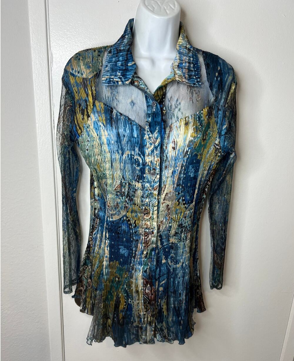 Komarov Women's Crinkle Button Up Sheer Lace Accent Collared Blouse ~ Size M